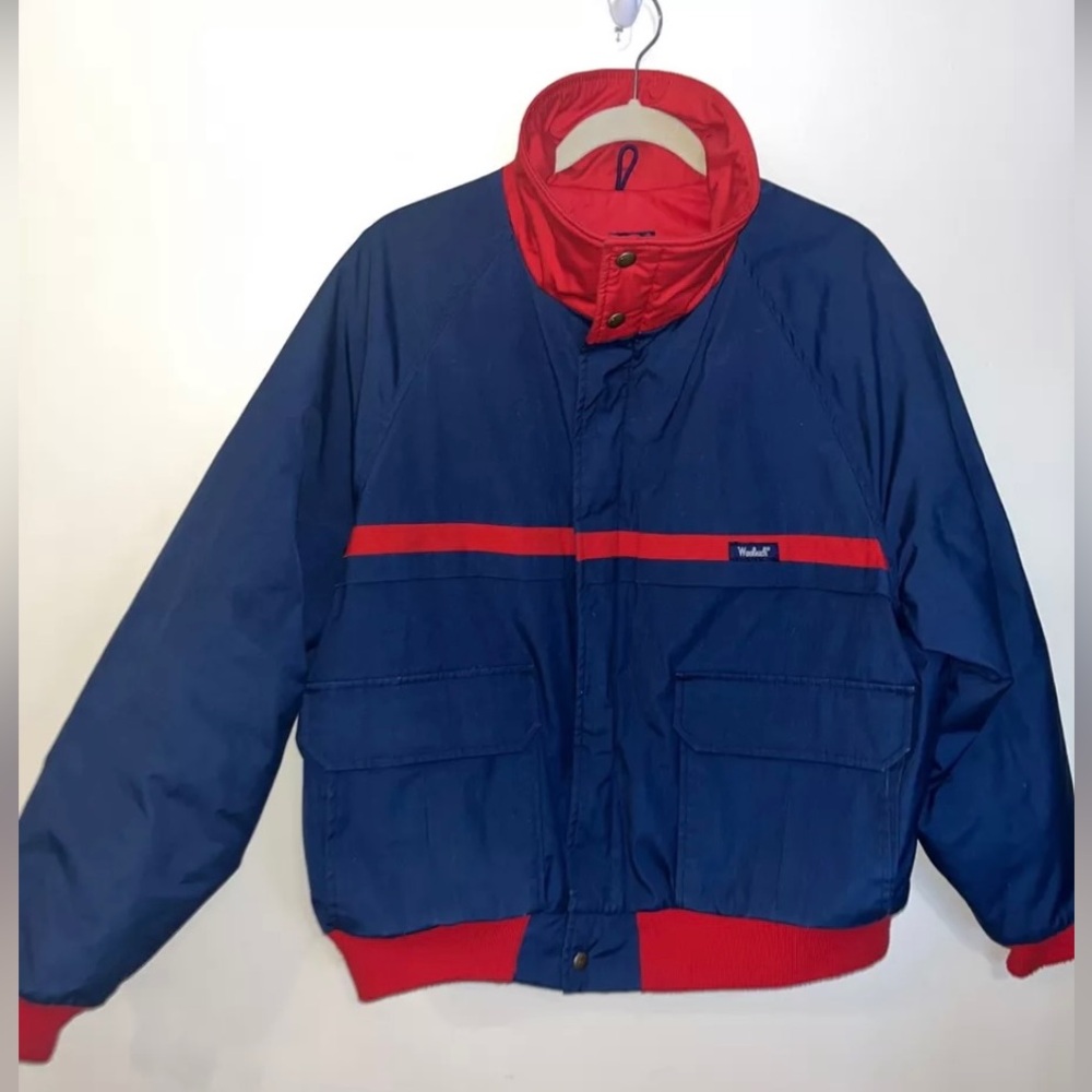 Vintage Woolrich Y2K Mens Blue Red Heavy Insulated Full Zip Snap Jacket Coat XL.